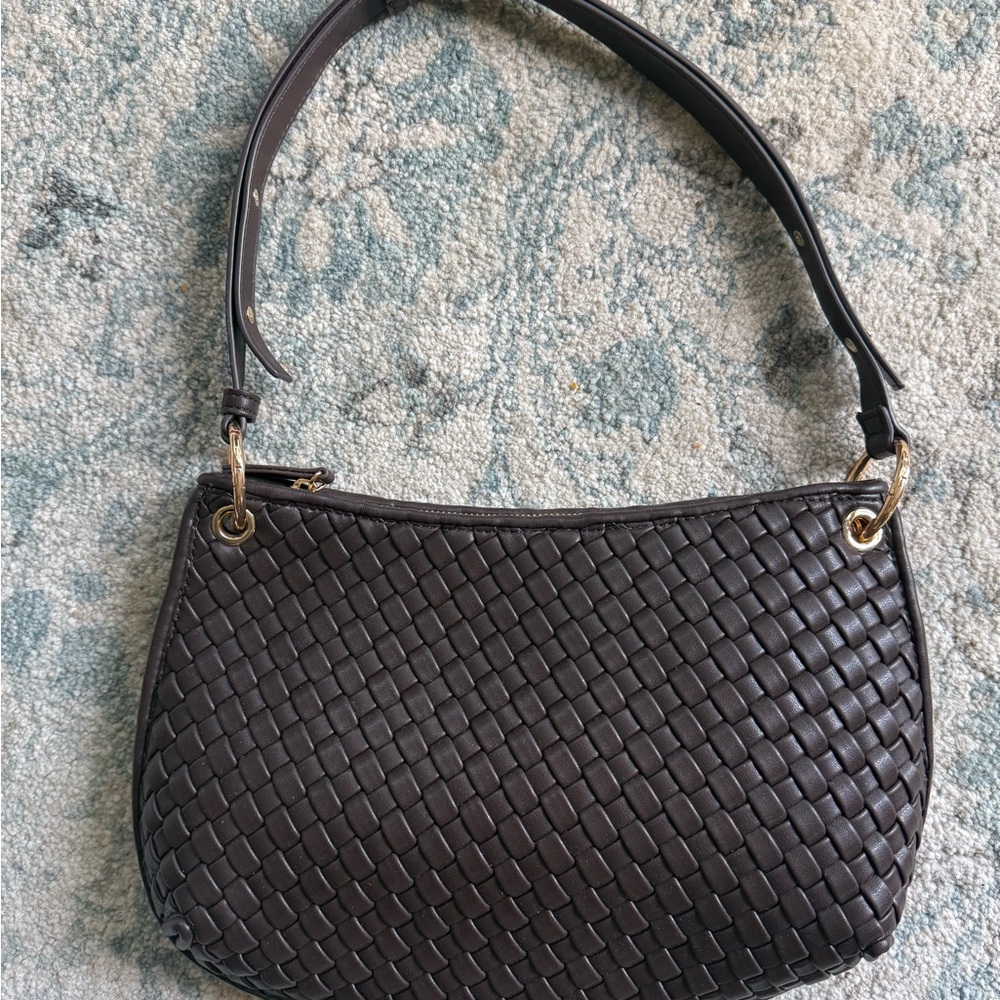 Woven Shoulder Bag in Black with Gold Hardware
